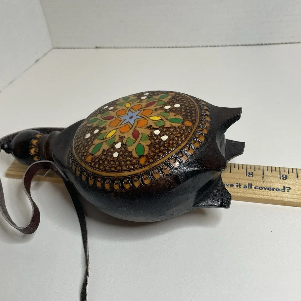 Vintage Handmade Folk Pyrography Wood Flask Eastern European